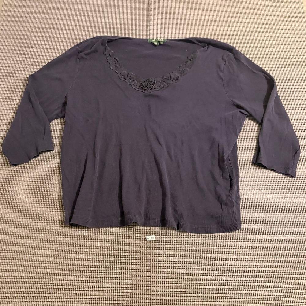 Lauren Ralph Lauren Womens 3X Navy Blue Ribbed Crochet Lace Trim Top 3/4 Sleeve